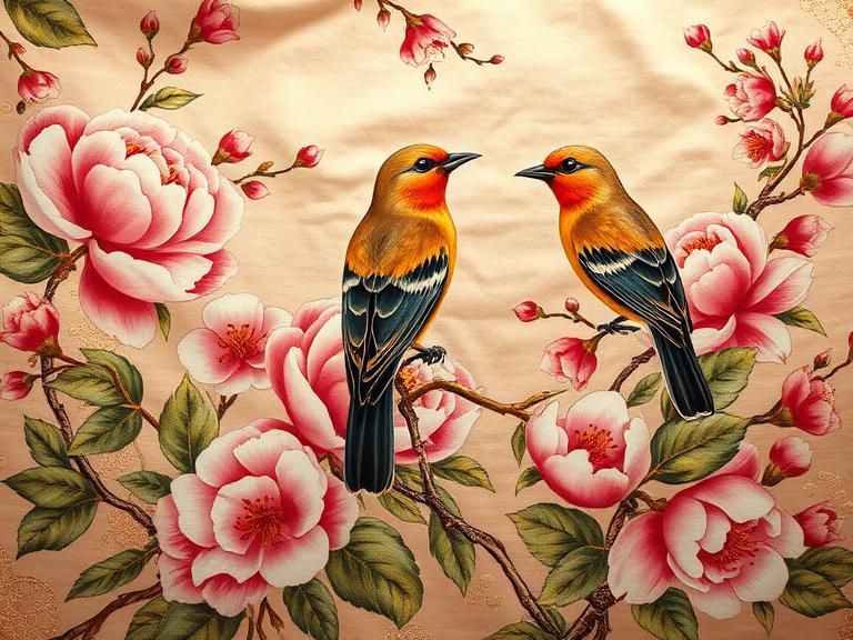 Fabric with Birds and Flowers